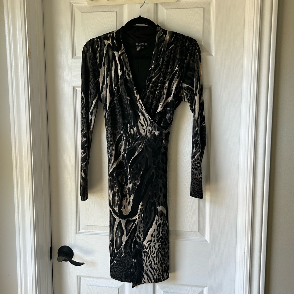 FEMME Animal Print Wrap Style Dress - Size Large